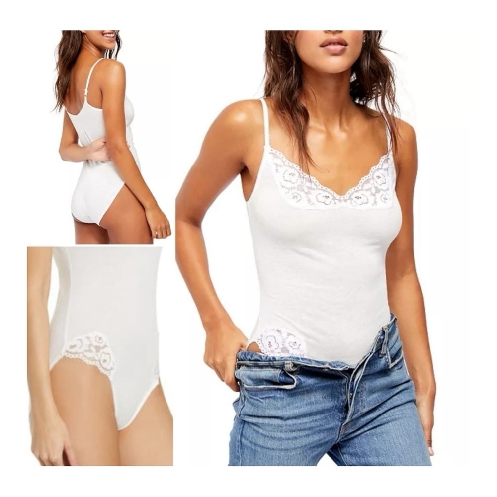 Free People White Lace Trim Cotton Bodysuit Size XS Side of Sass New